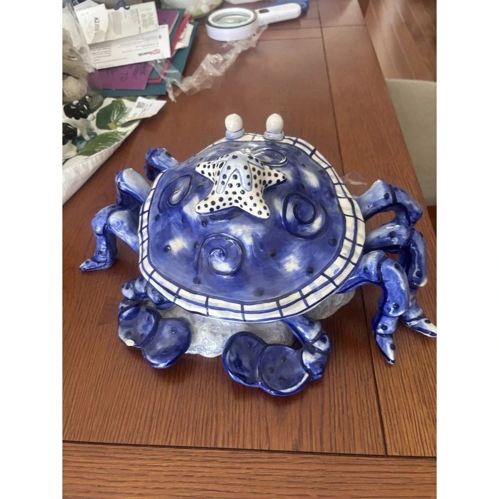 Diane Allen Stoneware Blue And White Ceramic Crab Rare 2002 Lidded Dish Seashore
